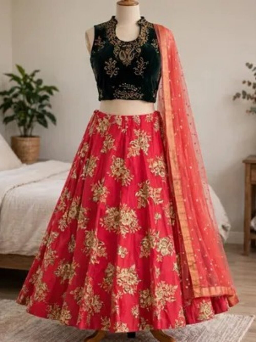 Pink & Red Lehenga with Emerald Green Velvet Blouse + Dupatta